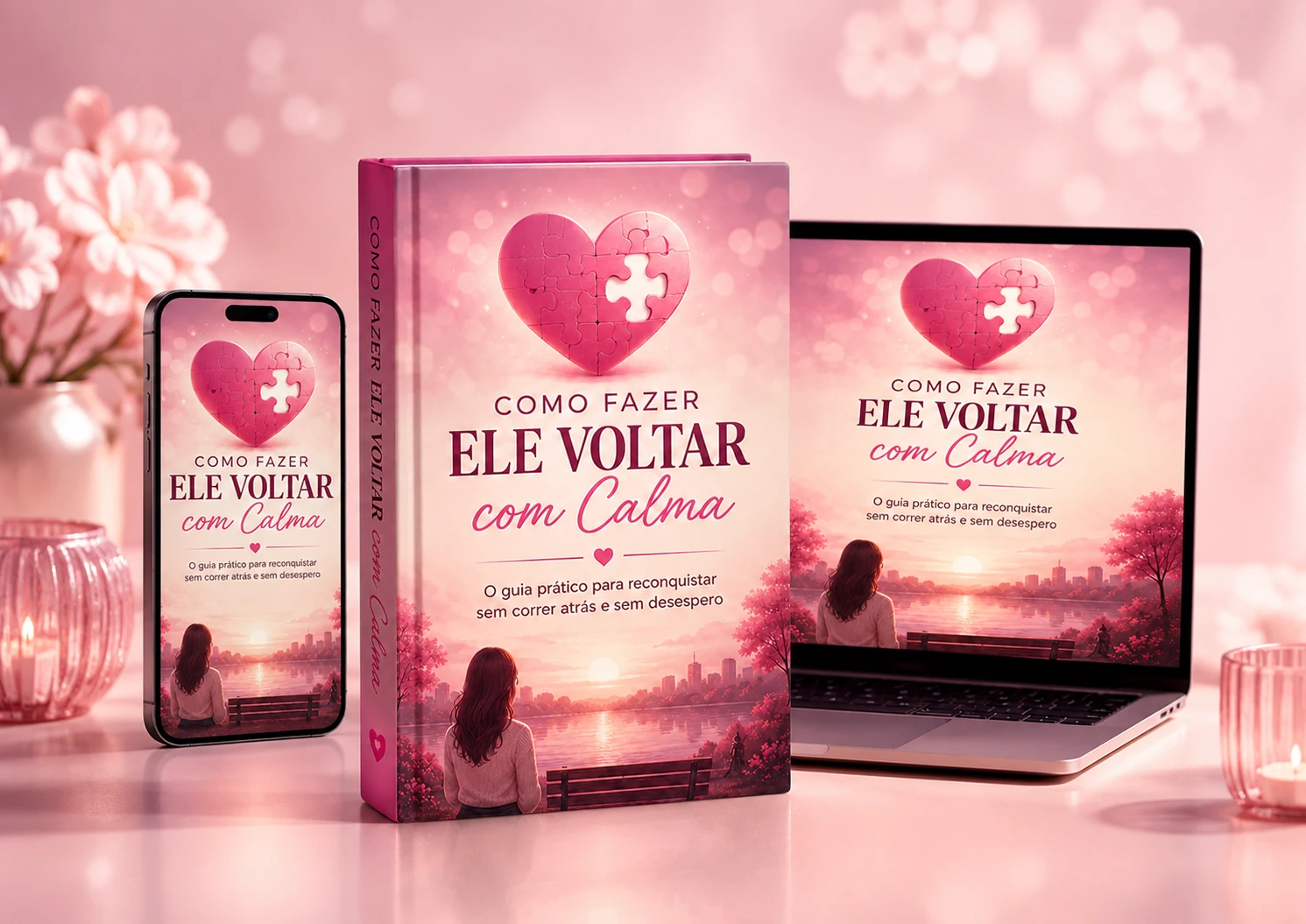 Mockup do e-book Como Fazer Ele Voltar em livro, celular e notebook